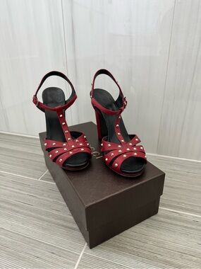 Gucci Red Studded T-Strap High Heel Sandals